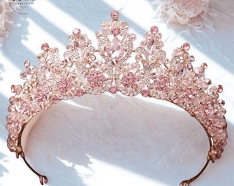Pink Crystal Bridal Tiara, Rose Gold Wedding Crown, Vintage Rhinestone Princess Headpiece, Bridal Hair Accessory for Bride Prom Quinceañera