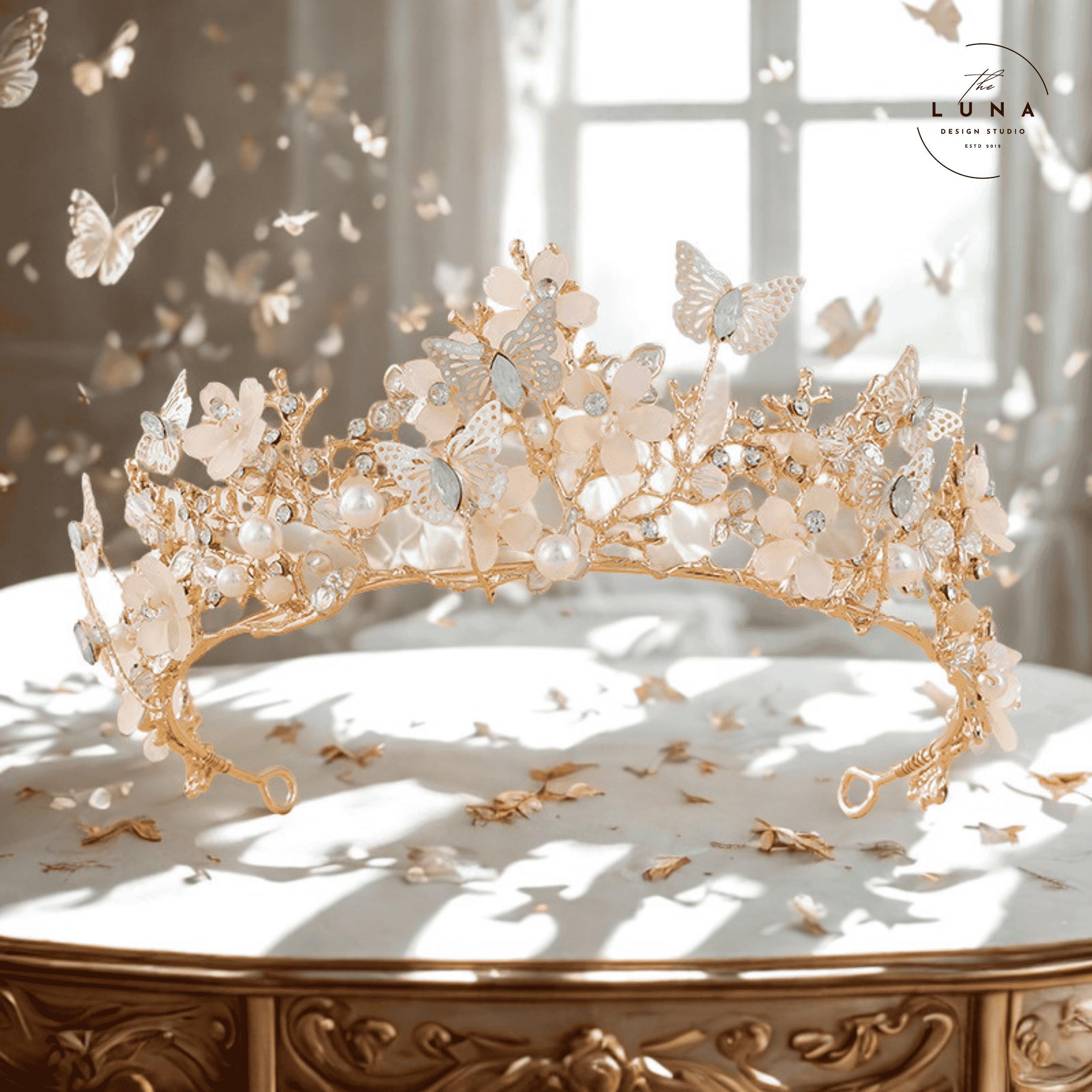Gold Butterfly Flower Crown Tiara Pearl Crystal Fairycore Bridal Headpiece How I made Paris Hilton main image 3