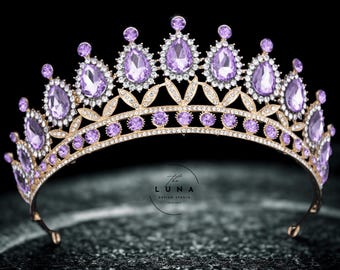 Purple Crystal Tiara Gold Princess Crown Amethyst Rhinestone Headpiece Quinceanera Prom Pageant Sweet 16 Royal Wedding Silver Hair Jewellery