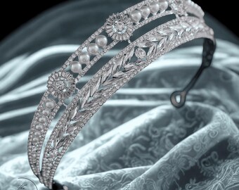 Zilveren parel bruids tiara, parel kristallen kroon, bruiloft hoofdband tiara, vintage gouden bruid haarstukje prom verjaardagsfeestje sweet 16 parel tiara