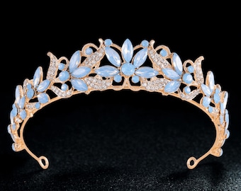 Sky Blue Tiara Gold Bridal Crown, Crystal Wedding Headpiece for Bride, Something Blue Princess Tiara, Prom Hair Jewelry, Quinceañera Gift