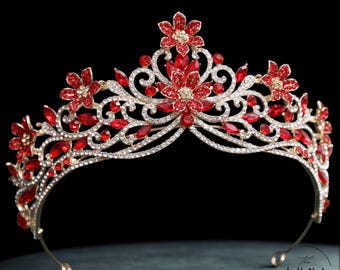 Red Floral Bridal Tiara, Gold Crystal Wedding Crown, Ruby Red Princess Headpiece, Prom Pageant Rhinestone Hair Accessory, Rose Tiara Crown
