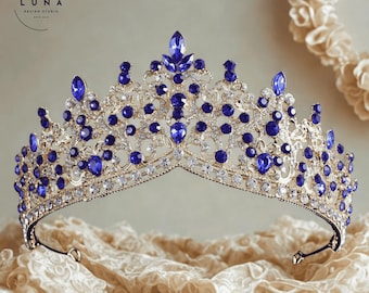 Diadème de mariage en or cristal bleu royal, diadème de princesse saphir, casque de luxe en strass pour reconstitution historique de bal, couronne de diadème en argent Cz