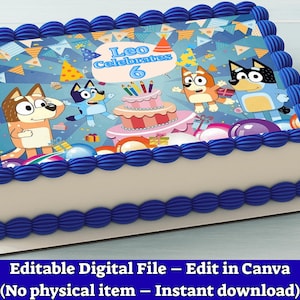 Adorno para tarta de cumpleaños de Bluey: plantilla editable de Canva, descarga digital imprimible