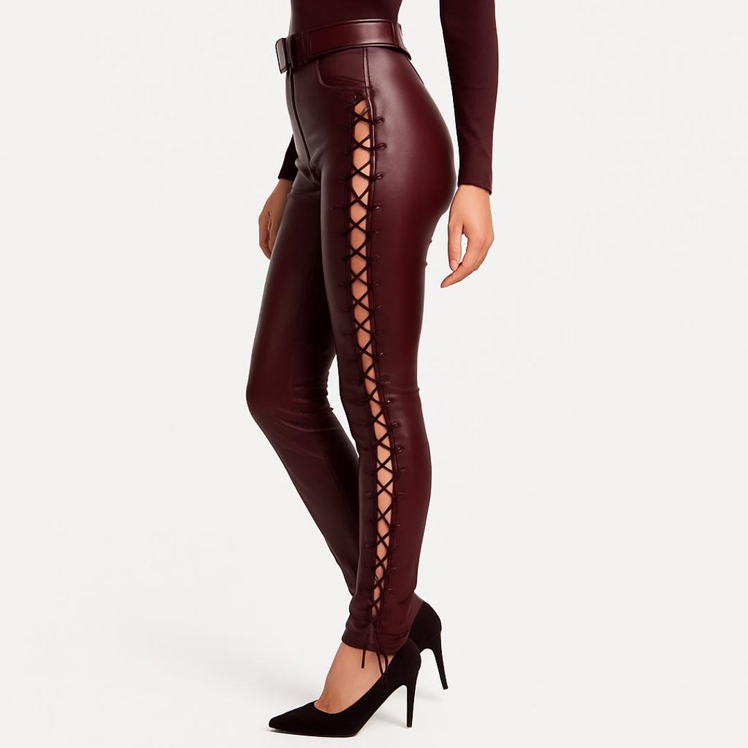 Burgundy Faux Leather Lace-Up Pants: High Waist Skinny Legging