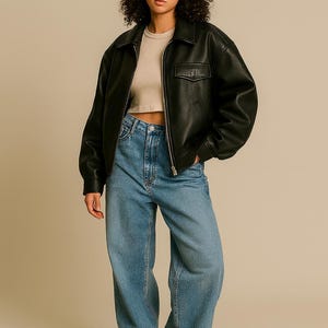 Unisex Black Leather Bomber Jacket