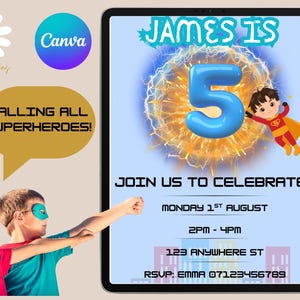 Editable 5th Birthday Superhero Invitation, Boy Invitation, Digital Template