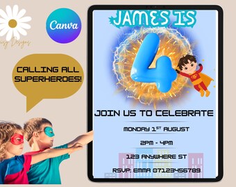 Editable 4th Birthday Superhero Invitation, Boy Invitation, Digital Template