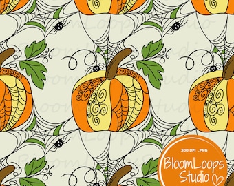 Patrón sin costuras de calabaza de Halloween: Telaraña PNG (Descarga digital)