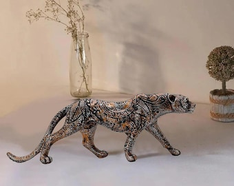 Handcrafted Leopard Statue | Antique Bronze Polyresin Sculpture | Walking Panther Figurine