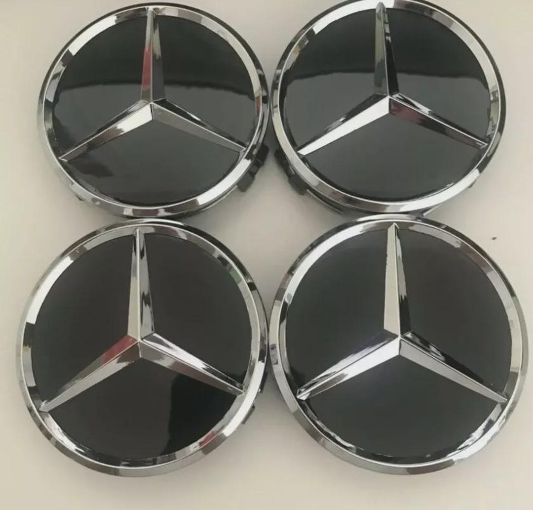 Set of 4 Black With Chrome Logo 75mm Wheel Center Caps for Mercedes ...