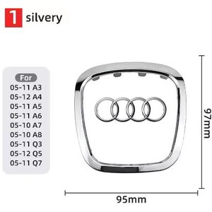 Może przedstawiać: Srebrny emblemat samochodowy Audi z logo czterech pierścieni, o szerokości 95 mm i wysokości 97 mm. Kompatybilny z modelami Audi A3, A4, A5, A6, A7, A8, Q3, Q5 i Q7 z lat 2005-2012. Część zamienna.