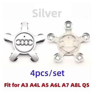 Peut inclure: Enjoliveurs de roue de voiture Audi argentés, en forme d'étoile à cinq branches, avec le logo Audi. Les enjoliveurs sont conçus pour différents modèles Audi. Le texte "4pcs/set" et les informations de compatibilité sont inclus.