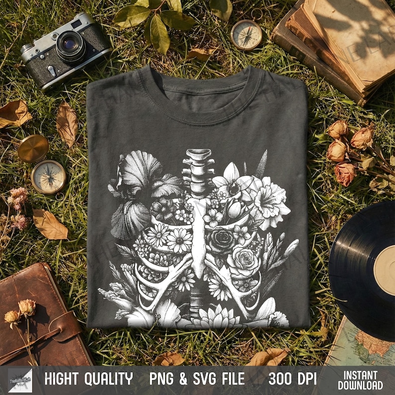 T-shirt flat lay on grass with dried flowers and vintage camera, showing the retro anatomy art graphic.
