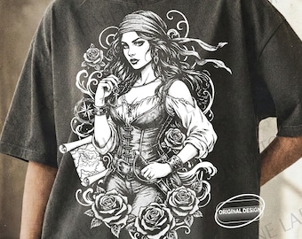 Chica pirata vintage con rosa en semitono, PNG SVG