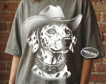 Vaquero dálmata PNG, arte vintage de perro del oeste en semitono (descarga digital)