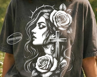 Cruz de semitono vintage PNG, mujer cristiana, rosas (descarga digital)