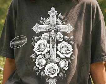 Cruz vintage con rosa en semitono, arte cristiano de San Valentín (descarga digital PNG SVG)