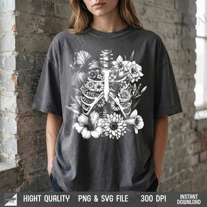 Model wearing black tee with Flower in Bone graphic, retro dark romance aesthetic for Valentine's Day.