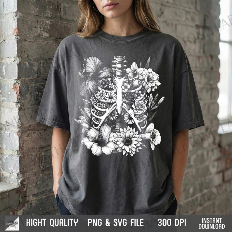 Model wearing black tee with Flower in Bone graphic, retro dark romance aesthetic for Valentine's Day.