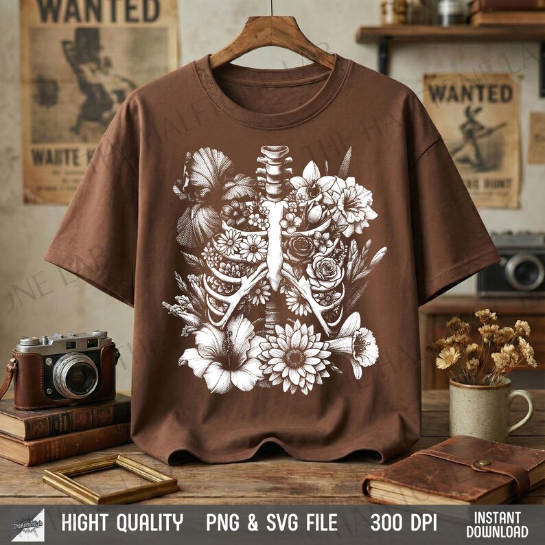 May include: A brown t-shirt featuring a white floral and rib cage design. The graphic includes various flowers and foliage, creating a unique and artistic aesthetic. The shirt is displayed on a wooden hanger.