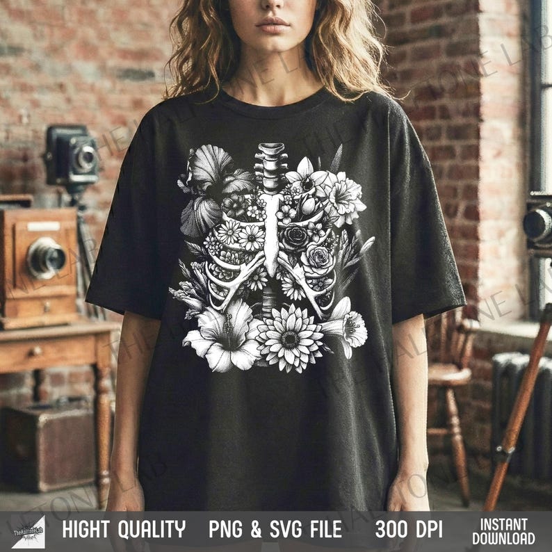 Model standing in moody lighting wearing the Flower in Bone shirt, cool anti-valentine outfit.