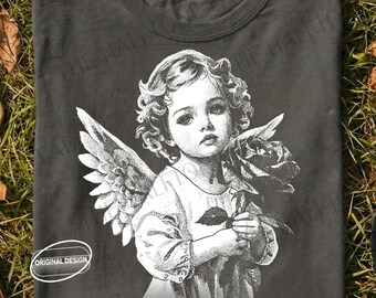 Rosa ángel vintage PNG, arte de Cupido en semitono (descarga digital)