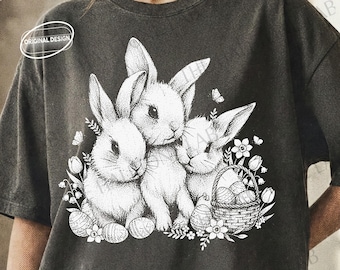 Conejitos de Pascua vintage PNG, trío de conejos de semitono retro (descarga digital)