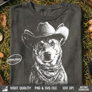 May include: Dark gray t-shirt featuring a detailed white illustration of a dog wearing a cowboy hat and bandana. The design includes the text "ORIGINAL DESIGN" and "HIGH QUALITY PNG & SVG FILE 300 DPI INSTANT DOWNLOAD".