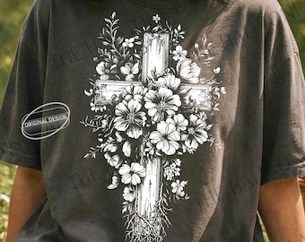 Cruz vintage con rosa y semitono PNG SVG, arte cristiano de San Valentín