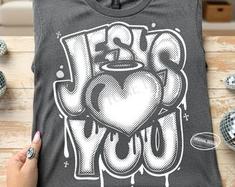 Jesús te ama PNG punto de semitono vintage, diseño de camiseta religiosa para San Valentín, cita cristiana retro SVG, archivo de sublimación de fe