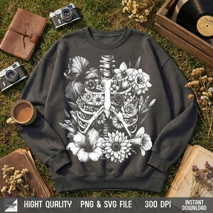 Cozy sweatshirt mock up with halftone Skeleton and Flower design, edgy love gift idea.