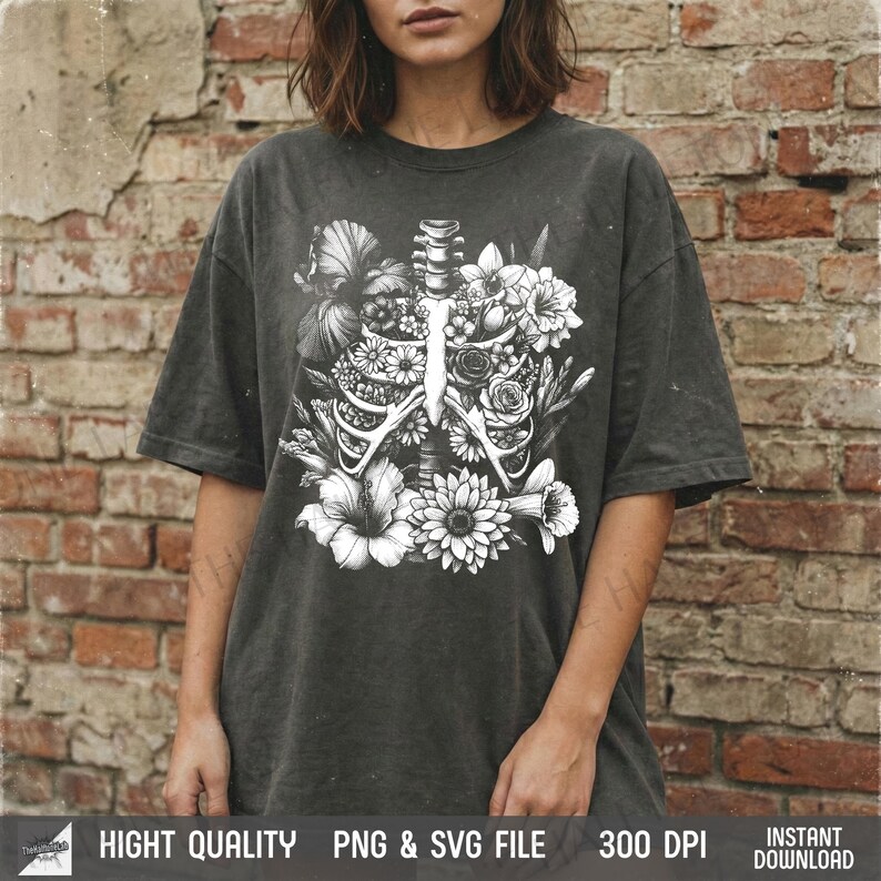 t-shirt hanging on brick wall with Skull Rose vintage design, rustic grunge streetwear.