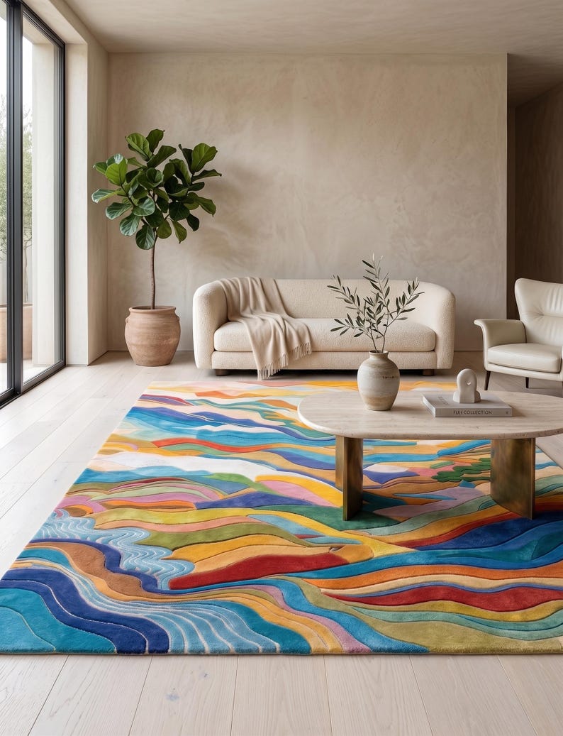 Hand Tufted Abstract Mountain Landscape Rug, New Zealand Wool Area Rug ...