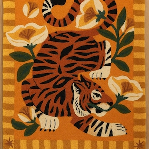 Tibetan Tiger Rug with Flowers – Hand Tufted Wool Area Carpet, Modern Boho Floor Decor, Oriental Animal Print, Living Room & Bedroom Gift