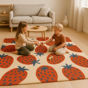 Strawberry Patterned Wool Rug, Modern Hand-Tufted Area Rug, Red and Beige Kids Room Rug, Playroom Decor, Cute Nursery and Home Gift