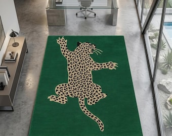 Leopard Tufted Rug - Emerald Green Animal Shaped Area Rug - Leopard Rug Aesthetic - Weird Rug Funky Home Decor - Handmade Plush Custom Rug