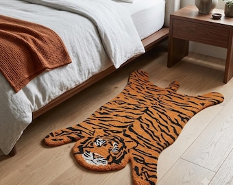 Tiger Rug Hand Tufted Wool Rug, Animal Shape Aesthetic Rug For Bedroom, Funky Nursery Rug, Cute Orange Tiger Pelt Area Rug Living Room