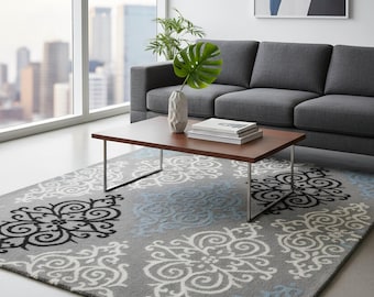 Modern Hand-Tufted Area Rug – Gray, Blue & Ivory Geometric Accent Rug for Living Room, Bedroom, Office