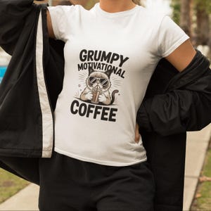 Funny Grumpy Cat Coffee Shirt, Lazy Cat Motivational Quote Tee, “Grumpy Motivational Coffee” Chill Cat T-Shirt, Cute Cat Lover Gift