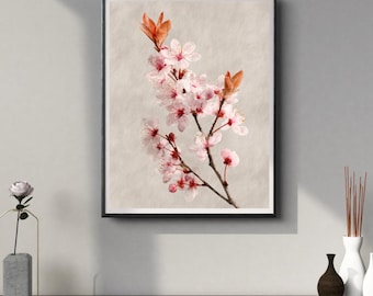 Japandi Cherry Blossom Wall Art, Pink Floral Watercolor Print, Minimalist Botanical Decor, Sakura Art, Digital Download