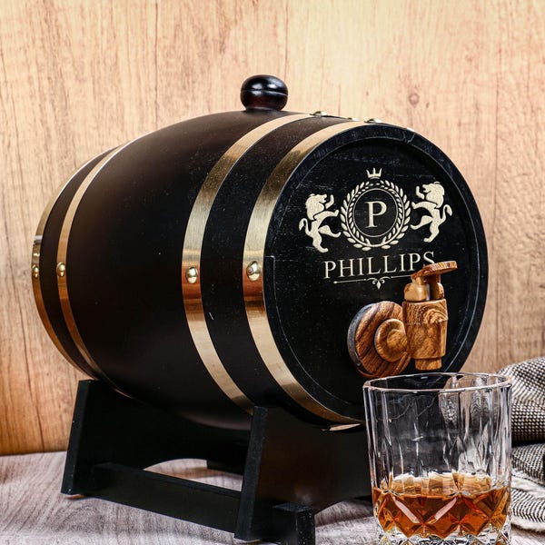 Individuell graviertes Weinfass (1 l/3 l), Bourbonfass aus Holz, Whiskyfass, Holzgeschenk für Papa, Geburtstagsgeschenk für ihn