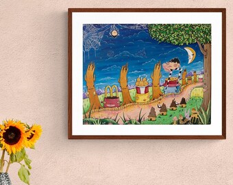 Puede incluir: Una ilustración enmarcada de una escena nocturna con una persona caminando por un sendero con los brazos extendidos. El sendero está bordeado de casas y árboles. El cielo es azul con estrellas y una luna creciente.
