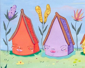 Puede incluir: Cinco casas coloridas con caras sonrientes, cada una con un diseño y color único, incluyendo rojo, morado, amarillo, marrón y rosa. Las casas están situadas contra un cielo azul con hierba verde y flores.