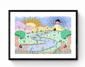 Puede incluir: Dos impresiones artísticas enmarcadas con una ilustración de paisaje caprichosa. La obra representa un río sinuoso, árboles con naranjas y una gran araña en una colina. La paleta de colores incluye azules, verdes y amarillos.