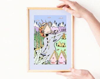 Puede incluir: Una ilustración enmarcada de una escena caprichosa con una persona que lleva una mochila caminando por un sendero sinuoso a través de un paisaje con montañas, árboles y casas. La ilustración está hecha en un estilo de dibujos animados colorido.