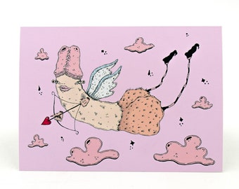 Puede incluir: Una ilustración rosa y blanca de un cupido alado con arco y flecha, volando a través de las nubes. El cupido tiene un cuerpo rosa y blanco con una cara humana y un sombrero rosa.