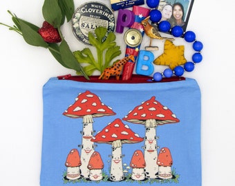 Amanita Magic Mushroom Fly Agaric Fabric print Cottagecore accessory canvas fabric pouch with zipper coin purse cosmetic bag travel bag