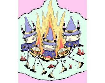 Puede incluir: Tres brujas de dibujos animados con sombreros morados y túnicas azules y amarillas bailan alrededor de una fogata. El fuego es naranja y amarillo y tiene un fondo azul claro. Las brujas tienen cuernos y llevan estrellas en sus túnicas.
