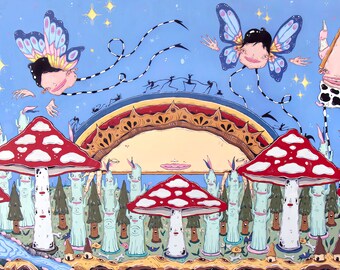 Puede incluir: Una pintura caprichosa que presenta un cielo azul con estrellas, un arcoíris y una variedad de criaturas fantásticas. Hay dos casas con piernas, una mariposa con cara humana y un grupo de setas con caras. La pintura está realizada en un estilo de dibujos animados colorido.